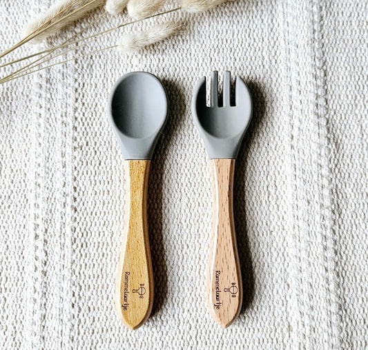 Cuillère et fourchette silicone - sauge
