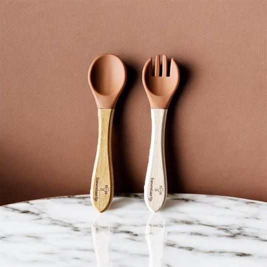 Cuillère et Fourchette en Silicone avec Manche en Bambou - Rouille